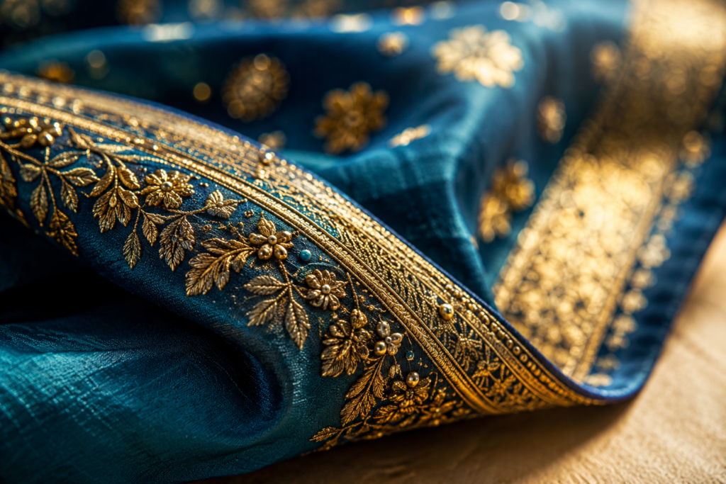 Elegant blue color handwoven Banarasi silk saree with traditional zari and motifs