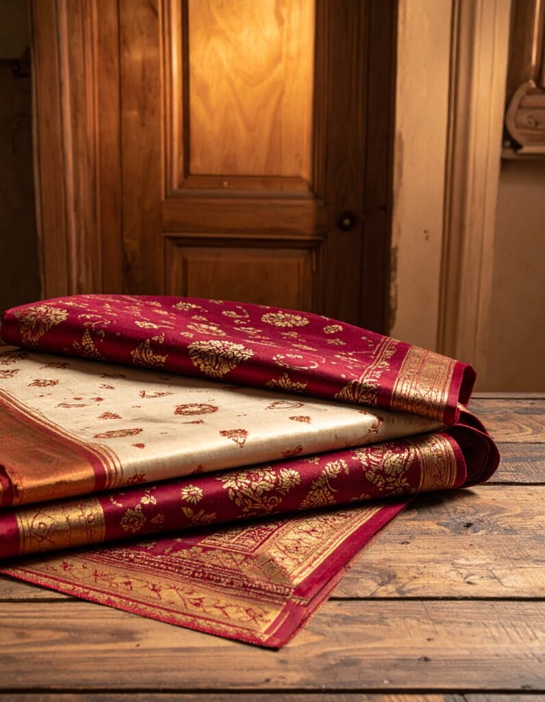 A folded red and gold brocade saree with intricate patterns rests on a wooden table, with a wooden door and warm lighting in the background, perfectly capturing the timeless elegance of Indian ethnic wear from the brand Anibol.