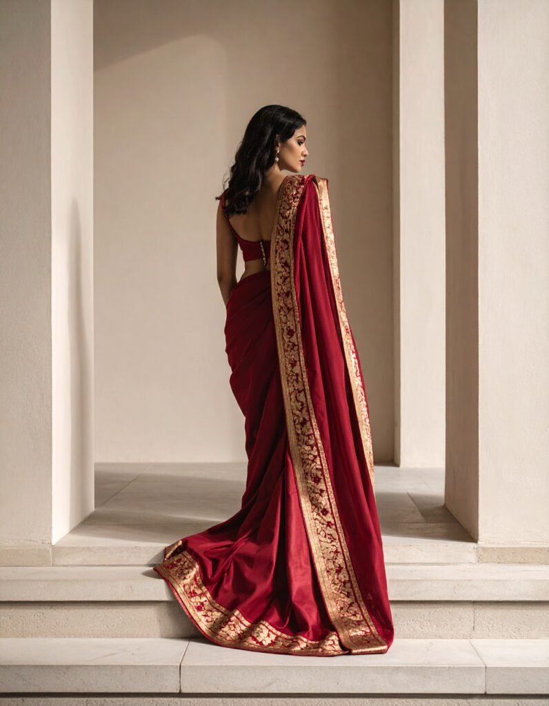 Indian women wearing Elegant maroon color handwoven Banarasi silk saree with traditional zari and motifs