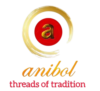 Logo with a stylized gold a in a red circle, encircled by a gold brushstroke. Below, anibol is written in orange script, and threads of tradition in red lowercase text.