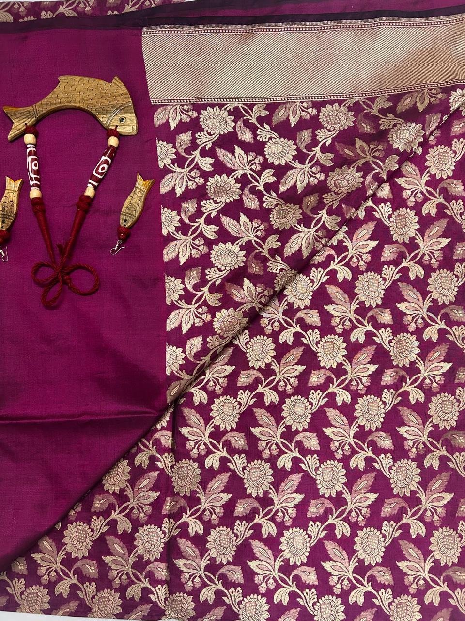 Deep magenta color Zarijaal Katan Banarasi Silk saree with jaal