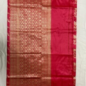 Silk sarees - Uppada Banarasi Saree in vibrant red, this luxurious silk piece features an intricate gold woven border and pallu adorned with traditional floral and geometric patterns. Elegantly laid flat on a white surface, the saree highlights its exquisite craftsmanship.