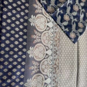 Close-up of the Jaamdani Suit fabric featuring intricate floral and geometric patterns in shades of blue, beige, and cream, with lace-like detailing and overlapping layers—ideal for enthusiasts who appreciate the rich artistry of ethnic wear.