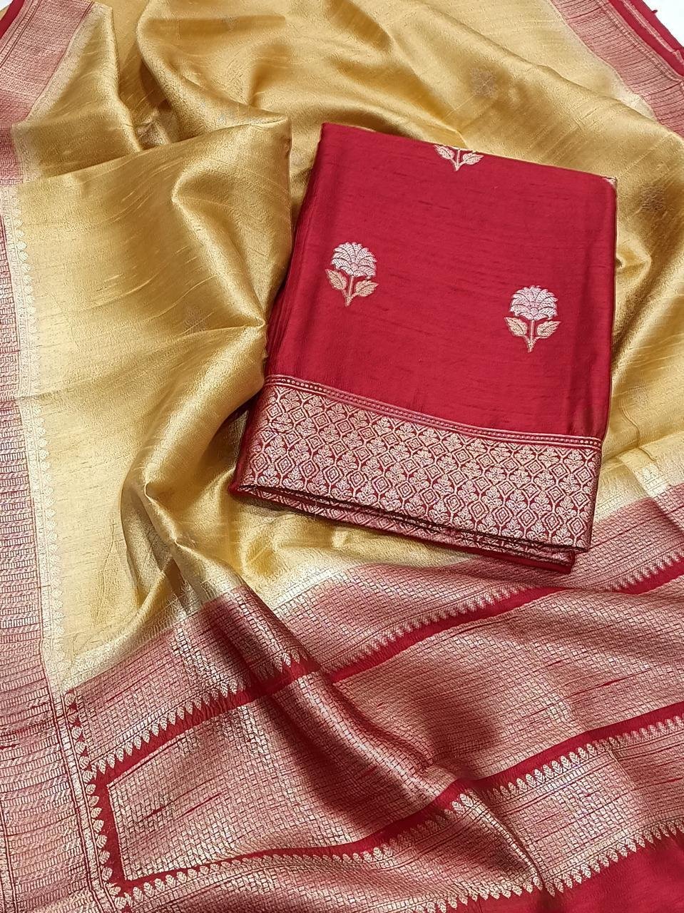 Red color Handloom Silk suit set with traditional woven/zari detailing