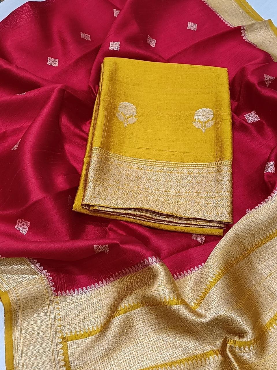 Yellow color Handloom Silk suit set with traditional woven/zari detailing