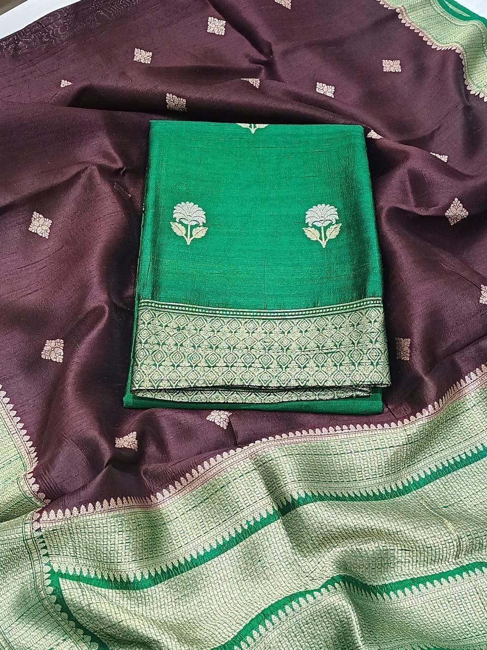 Green color Handloom Silk suit set with traditional woven